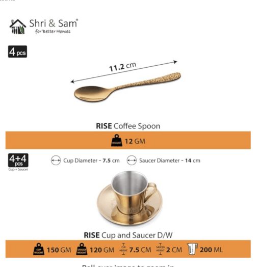 Shri & Sam Stainless Steel with Gold PVD Coating (Laser) 4 Pieces Rise Double Wall Cup and Saucer Set - Image 2